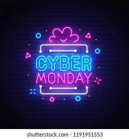 Cyber Monday neon sign, bright signboard, light banner. Discount, night sale logo, emblem. Vector illustration