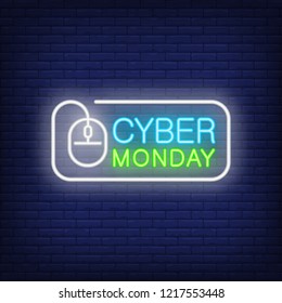 Cyber Monday neon sign. Bright inscription in frame with computer mouse on dark brick blue background. Can be used for topics like games, computers, computer club
