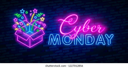 Cyber Monday neon sign, bright signboard, light banner. Discount, night sale logo, emblem. Vector illustration