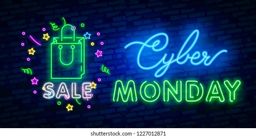 Cyber Monday neon sign, bright signboard, light banner. Discount, night sale logo, emblem. Vector illustration