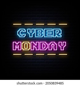 Cyber monday neon sign, design element, light banner, announcement neon signboard.