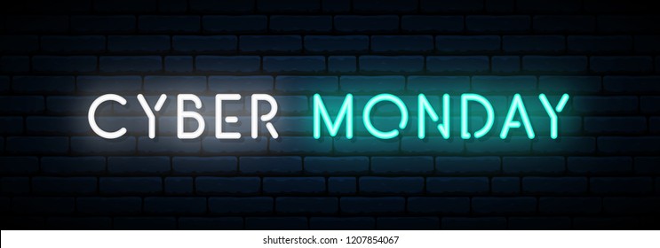 Cyber Monday neon sign. Long horizontal light banner . Vector bright signboard.