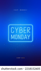 Cyber Monday Neon sign on bright banner. Sale bright blue neon background. Vertical template for social media, stories, poster, flyer. 