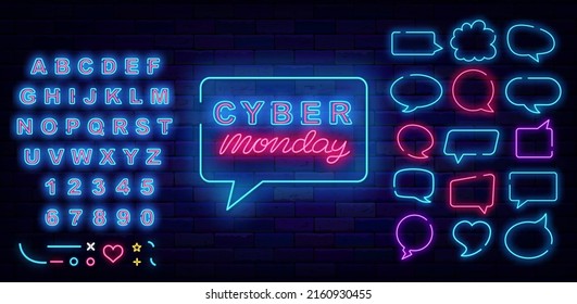 Cyber monday neon signboard. Special offer concept. Speech bubbles collection. Shiny blue alphabet. Marketing promotion. Glowing effect banner. Editable stroke. Vector stock illustration