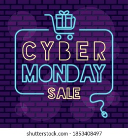 cyber monday neon square label with gift and shopping cart vector illustration design