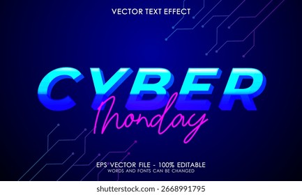 Lunes cibernético con efecto de texto de neón, estilo de texto de tres dimensiones editable