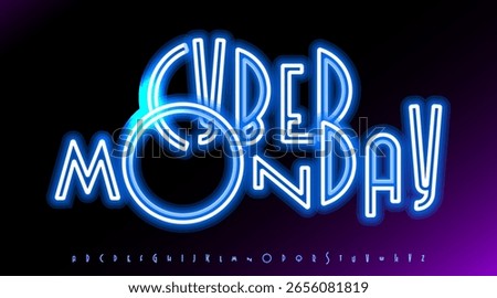 Cyber Monday Neon Text With Glowing Blue Light Style On Dark Gradient Background. Futuristic Typography Design For Shopping Promotion. Vector Illustration