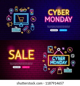 Cyber Monday Neon Website Banners. Vector Illustration of Shopping Sale Promotion.