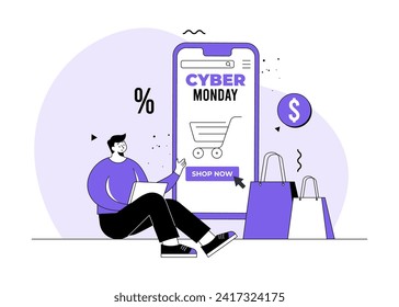 Cyber Monday offers, Online shopping flat illustration vector concept, Special offer, discounts, E-commerce, Digital store, E-shop, online store website on smartphone screen 