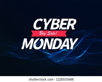 Cyber monday on blue neon wave line in motion. Vector glowing curved and transparent frame with magic sparkles and advertise text. Lighting abstract element with burst and glitter