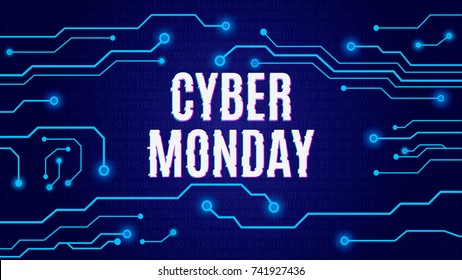 Cyber monday on tech blue circuit board background. Vector illustration.