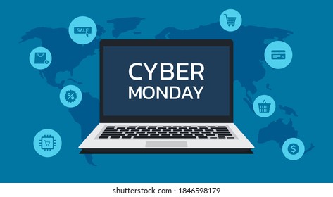 Cyber Monday venta online alrededor del mundo concepto de banner web en pantalla de computadora portátil con iconos de compras, comercio electrónico estacional, ilustración vectorial