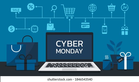 Cyber Monday online sale web banner concept on laptop computer screen with shopping bags, gift boxes, and icon, Seasonal e-commerce, vector illustration