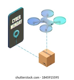 Cyber monday online shopping banner. Drone delivery concept vector illustration. Quadcopter flying over route carrying a package, cargo, goods to customer