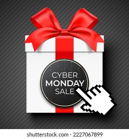 Cyber Monday online shopping banner vector design, with mouse cursor hand clicking on a gift box, wrapped with red satin ribbon and a black round tag.