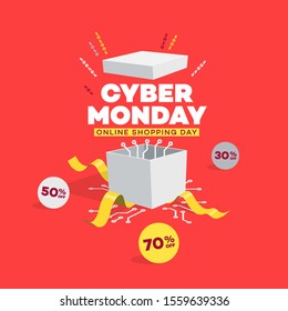 Cyber Monday online shopping day symbol with opened gift box. Easy to use for your sale promotion.