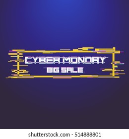 Cyber Monday, online shopping and marketing concept. Banner for cyber monday sale with glitch effects. Vector illustration.
