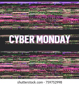 Cyber Monday, online shopping and marketing concept. Banner for cyber monday sale with glitch effects. Vector illustration.