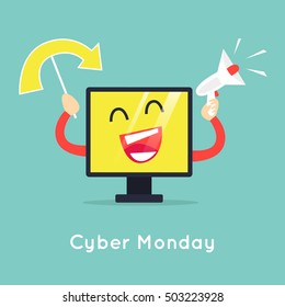 Cy-ber Monday. Online shopping, sale. Computer. Flat design vector illustration.