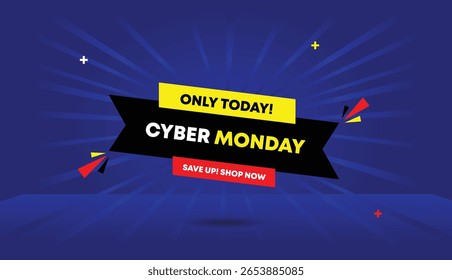 Cyber Monday only today save up shop now editable web banner vector art illustration badge icon label template design white red black gray gradient shapes blue light dark sun shine abstract background