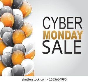 Cyber Monday overlay banner for a custom background. Print out advertising design concept with glowing lights garland for big  sale discount event. Vector illustration.