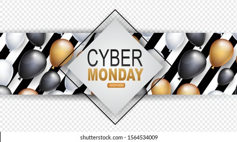 Cyber Monday overlay banner for a custom background. Print out advertising design concept with shiny balloons and stripes for big  sale discount event. Vector illustration.