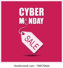 Cyber Monday. PC mouse and whiter label or price tag on red background. Banner, poster for a good deal. Design for printing on fabric or paper.