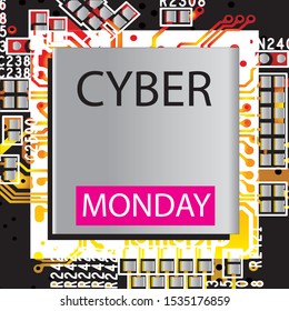 Cyber monday with pcb elements. Banner, label, tag. Flat design. Vector art for your business.