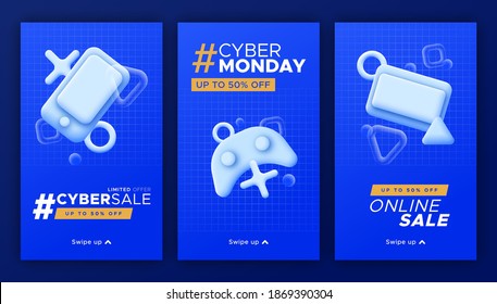 Cyber monday phone story template set - online store discount or special offer collection. Technology promotion background with blue 3D devices. Swipe up vertical mobile banner.