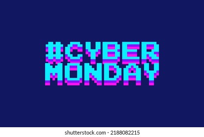 Cyber Monday Pixel Art Banner, Isolated On Navy Blue Background. Editable Vector Eps. Cybermonday Hashtag Sale Vector Illustration. Done In 8-bit Retro Style.