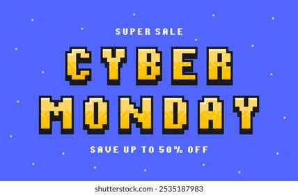 Cyber Monday Pixel Art Banner. Cyber Monday Text im 8-Bit Retro Spiele Stil. Verpixelte Banner-Vorlage für Internet-Verkäufe. Vektorgrafik.