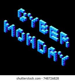 Cyber monday pixel isometric lettering on black. Blue isometric pixel inscription cyber monday lettering. Vector words cyber and monday in isometric pixels. Volumetric voxel lettering cyber monday