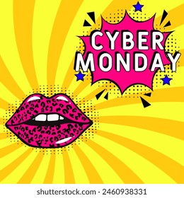 Cyber Monday pop art. Cyber Monday in comic pop art style. Cyber Monday message in sound speech bubble in pop art style. Comic book explosion with text Cyber Monday.