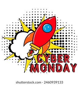Cyber Lundi pop art. Cyber Lundi dans le style comic pop art. Message du Cyber Lundi dans une bulle de discours sonore dans le style pop art. Explosion de bande dessinée avec le texte Cyber Monday.