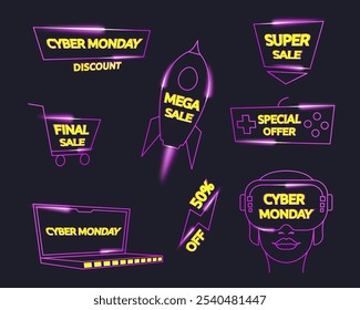 Cyber Monday conjunto de arte pop, vetor isolado com efeitos visuais, fonte de desenho animado, efeito de luz. Conjunto de ícone futurismo retro, negócios on-line, venda, mídias sociais. Cores vibrantes, contorno, tecnologia abstrata.