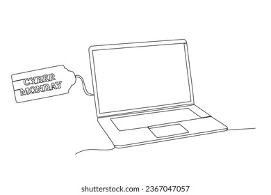 A Cyber Monday post and a laptop. Cyber Monday one-line drawing