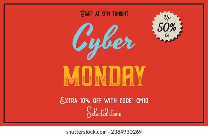 Cyber Monday Poster Banner with  on red background. Cyber Monday concept flat vector in retro style.
