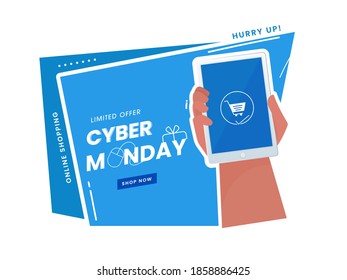 Cyber Monday Poster Design with Hand Holding Smartphone on Blue and White Background for Online Shopping.