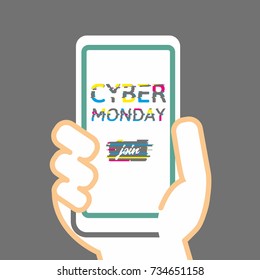 Cyber Monday Poster and Glitch Effect text. Illustration showing person's hand holding a smartphone. Can be used for special offers, online sales and web promotion.