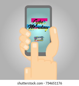 Cyber Monday Poster and Glitch Effect text. Illustration showing person's hand holding a smartphone. Can be used for special offers, online sales and web promotion.