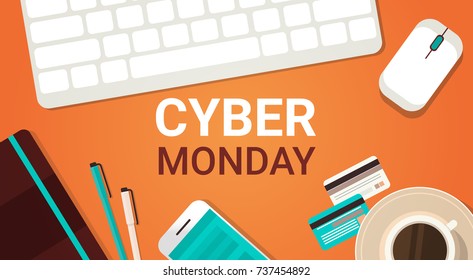 Cyber Monday Poster With Laptop Keyboard, Mouse And Smart Phone On Background, Big Holiday Sale For Online Shopping Poster Concept Vector Illustration