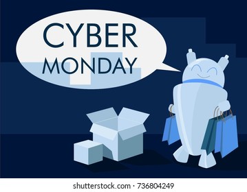  Cyber monday poster with robot consumer with bags