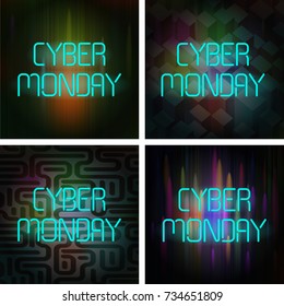 Cyber Monday Poster Set. Neon text on a dark background. This collection of illustrations can be used for special offers, online sales and web promotion.