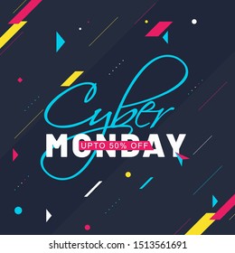 Diseño de afiches o plantillas de lunes cibernético con 50% de descuento y elementos geométricos abstractos decorados con fondo azul.
