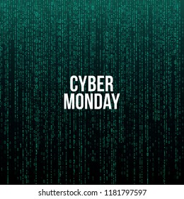 Cyber Monday Poster. White text on green computer code background, vector illustration.