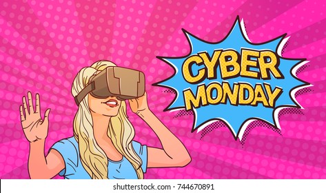 Cyber Monday Poster With Woman Wearing 3d Virtual Reality Glasses Comic Sale Message Banner With Pin Up Background Vector Illustration