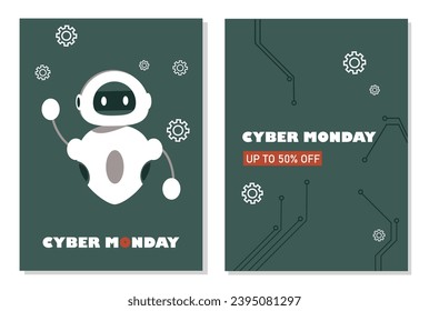 Afiches de lunes cibernéticos listos. Tecnologías e innovaciones modernas. Inteligencia artificial y aprendizaje automático. Chat con AI. Colección vectorial plana de dibujos animados aislada en fondo blanco