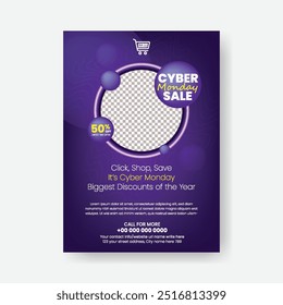 Cyber Monday print flyer or poster template for Online Shopping, Fashion, Retail, Ecommerce products sale Promotion a4 size flyer or poster and Online Shopping Discounts sale leaflet brochure design