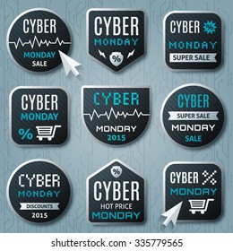 Cyber Monday promo banner, advertising promo stickers templates, sales web elements with discounts, sale labels, badges. Cyber monday deals design concept