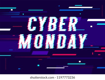 Cyber monday promo banner with lines on glitch screen. Cyberpunk, web, darkwave. 